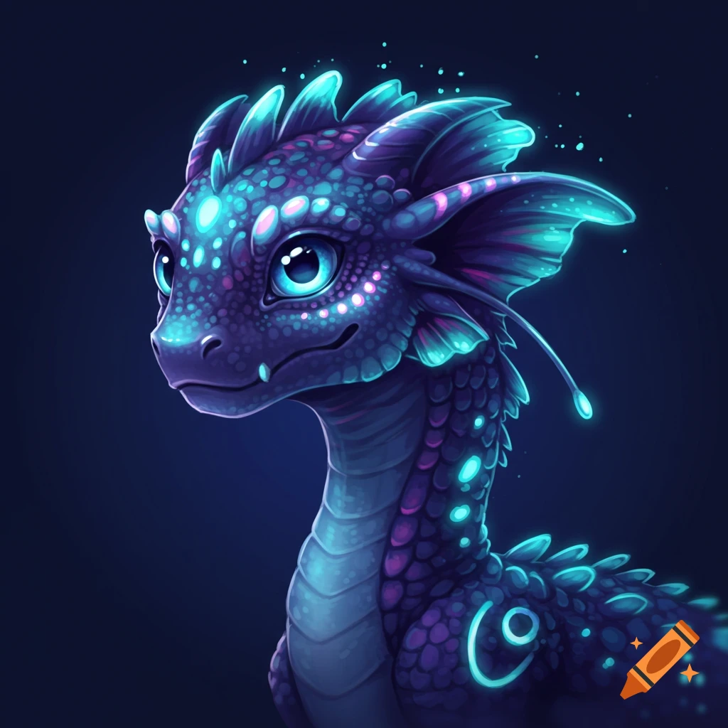 Close-up digital illustration of a cute purple and blue dragon with glowing spots and large eyes.