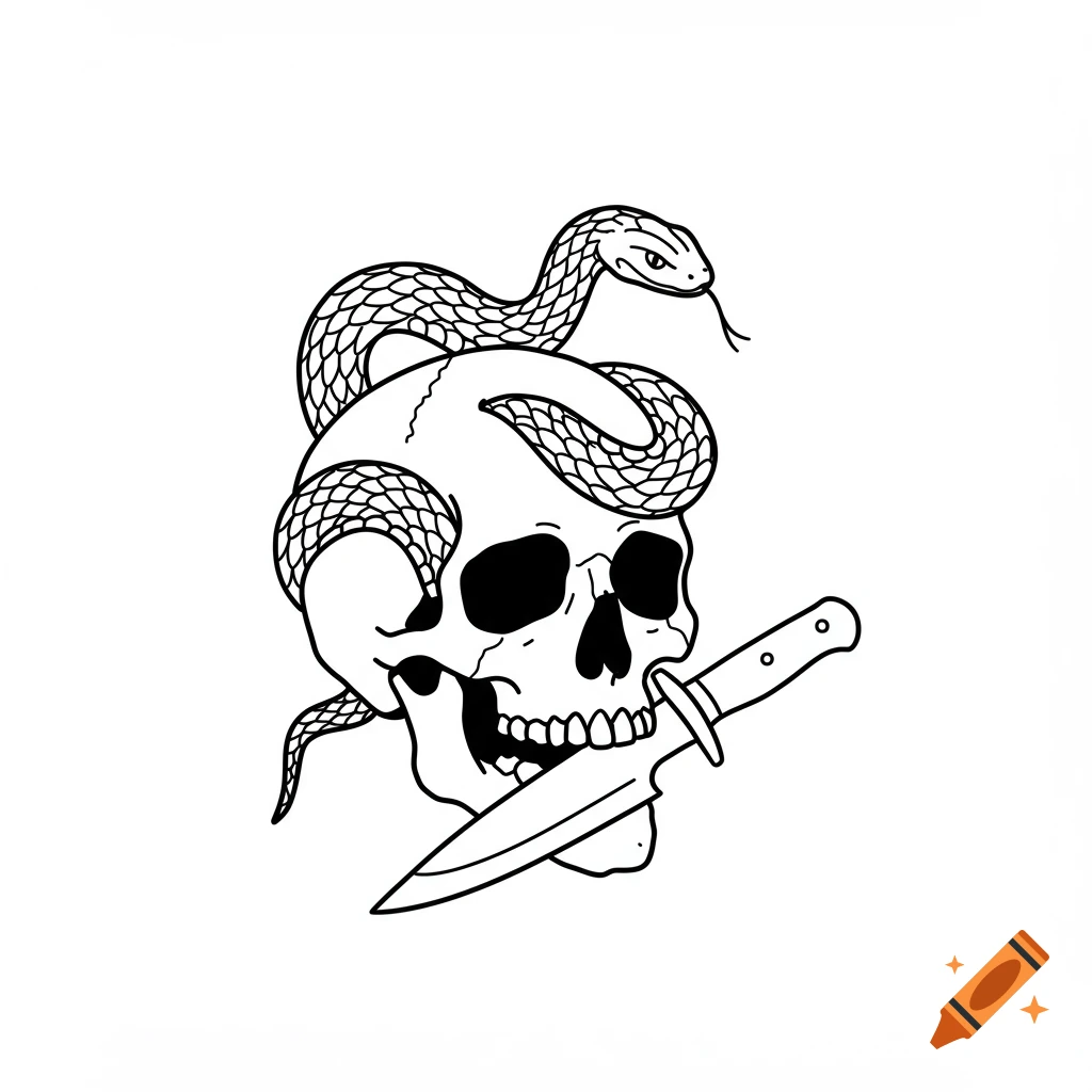 Black and white line art of a skull with a snake and knife