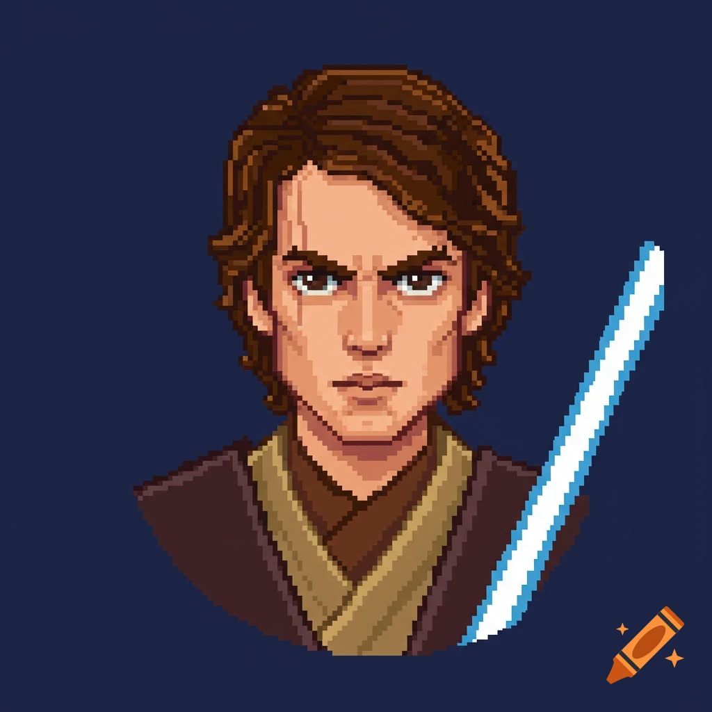 Pixel art portrait of Anakin Skywalker with a lightsaber.