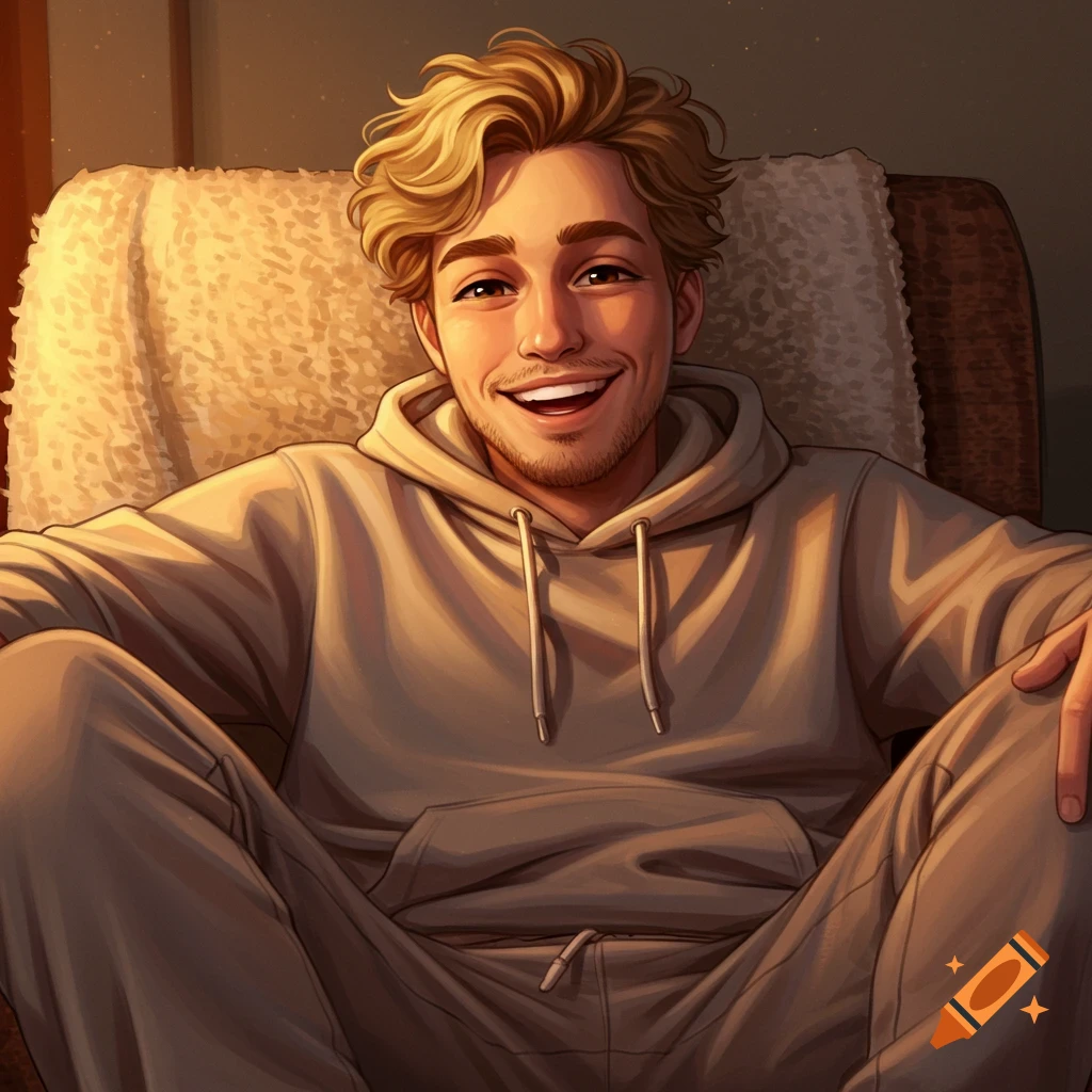 A smiling man in a hoodie is sitting in a cozy chair.