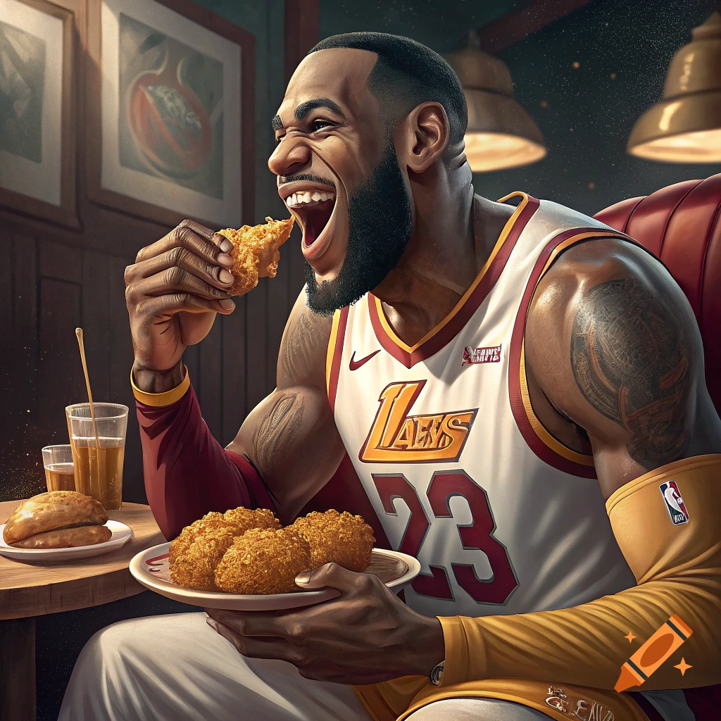 LeBron James in a Lakers jersey eating fried chicken at a table.