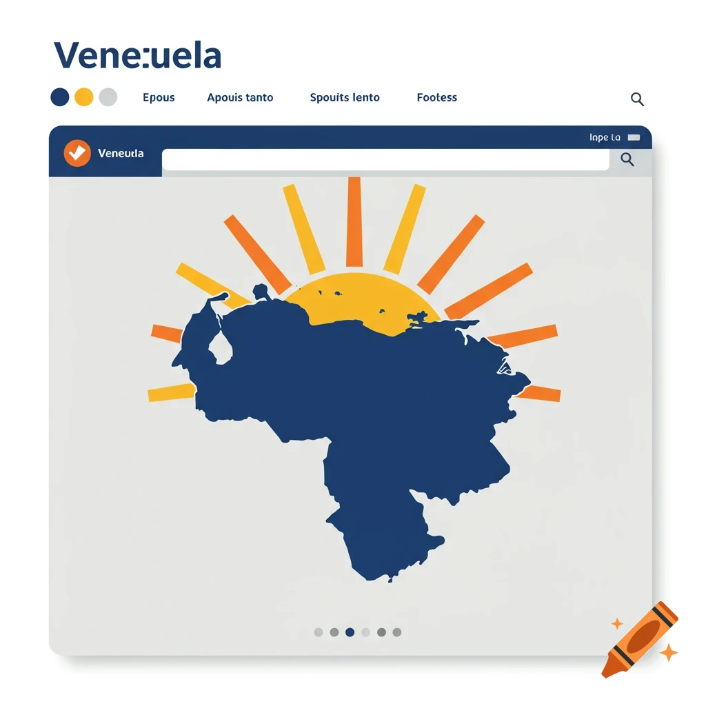 Stylized map of Venezuela with a sun icon, presented as a website interface.