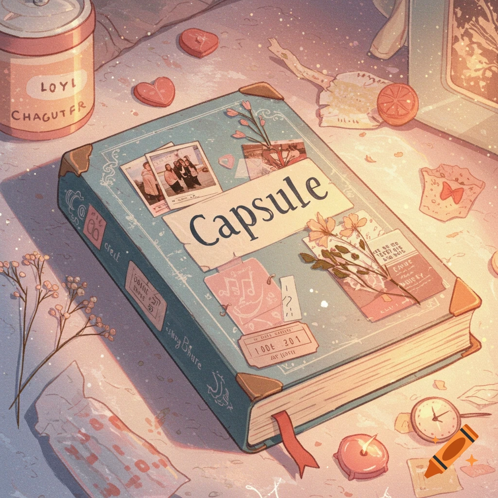 Still life of a decorated book titled 'Capsule' with photos and objects on a surface, in a soft aesthetic style.