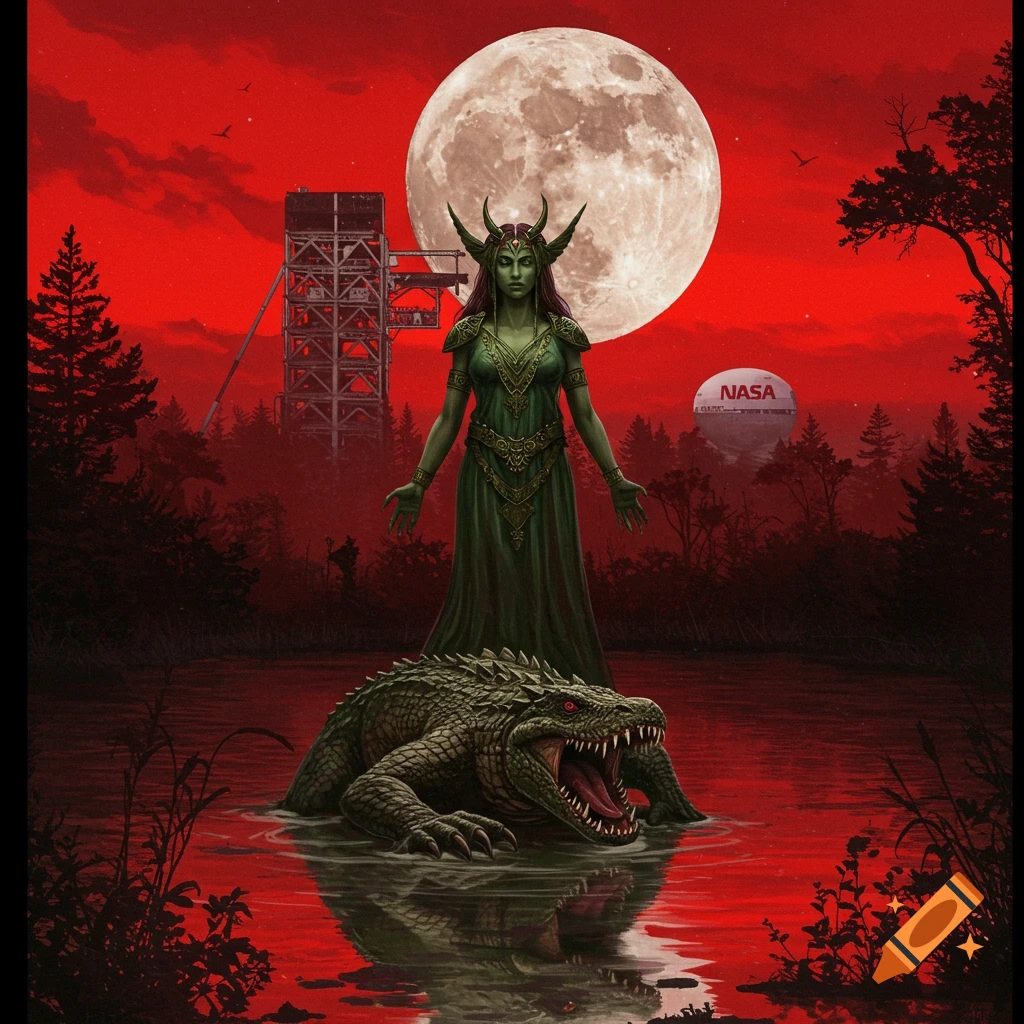 A goddess stands behind a weregator in a red-tinged swamp under a full moon, with a NASA structure in the background.