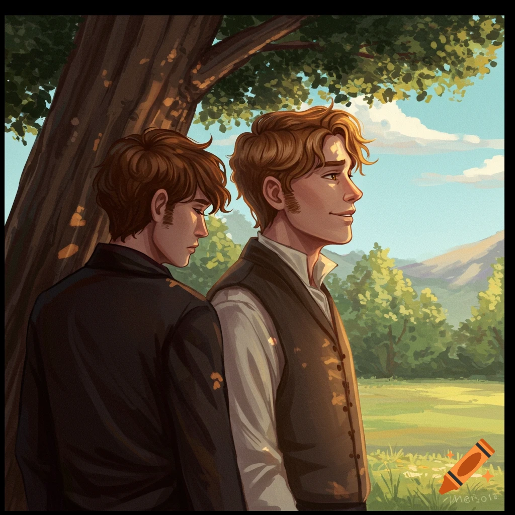 Two young men are by a tree looking at a landscape, one sad, one joyful.