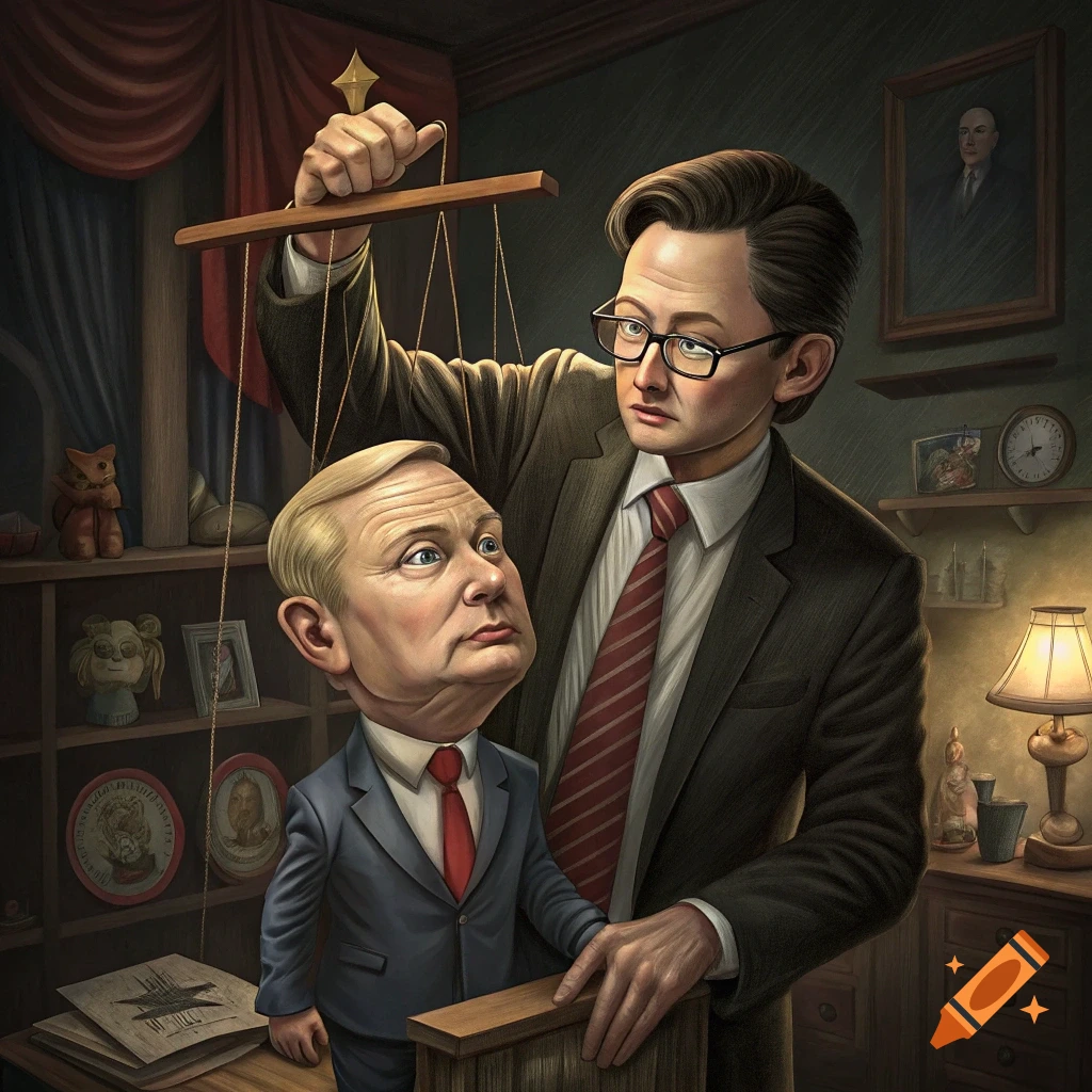 A man controls a puppet of another man in a dimly lit room