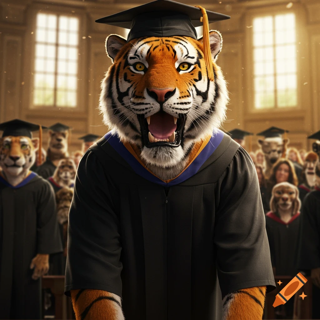 Anthropomorphic tiger wearing a graduation gown and cap, snarling, surrounded by other animal graduates in a large hall.