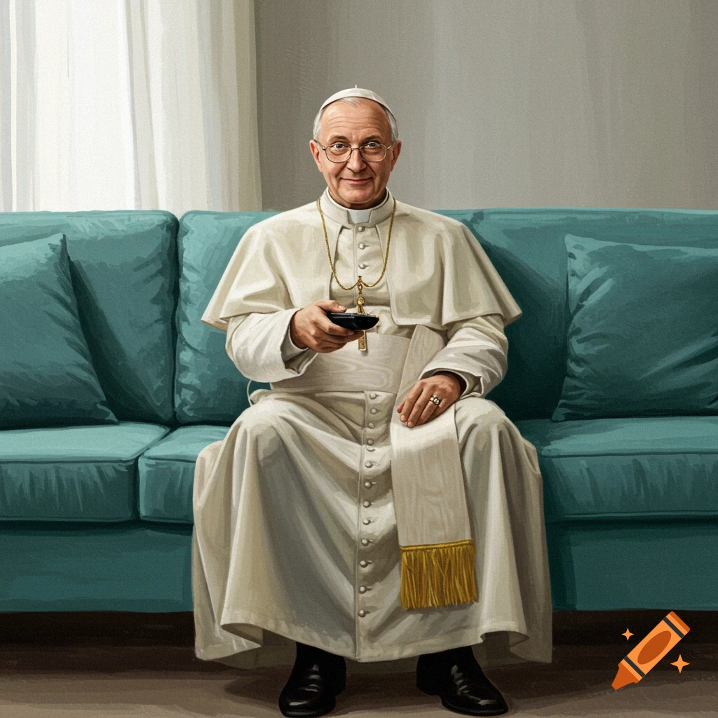 A man dressed as the Pope sits on a couch, holding a remote.