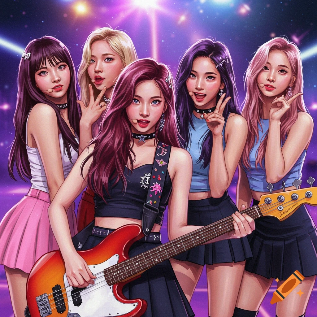 A band of five women performs on a stage with an electric bass.