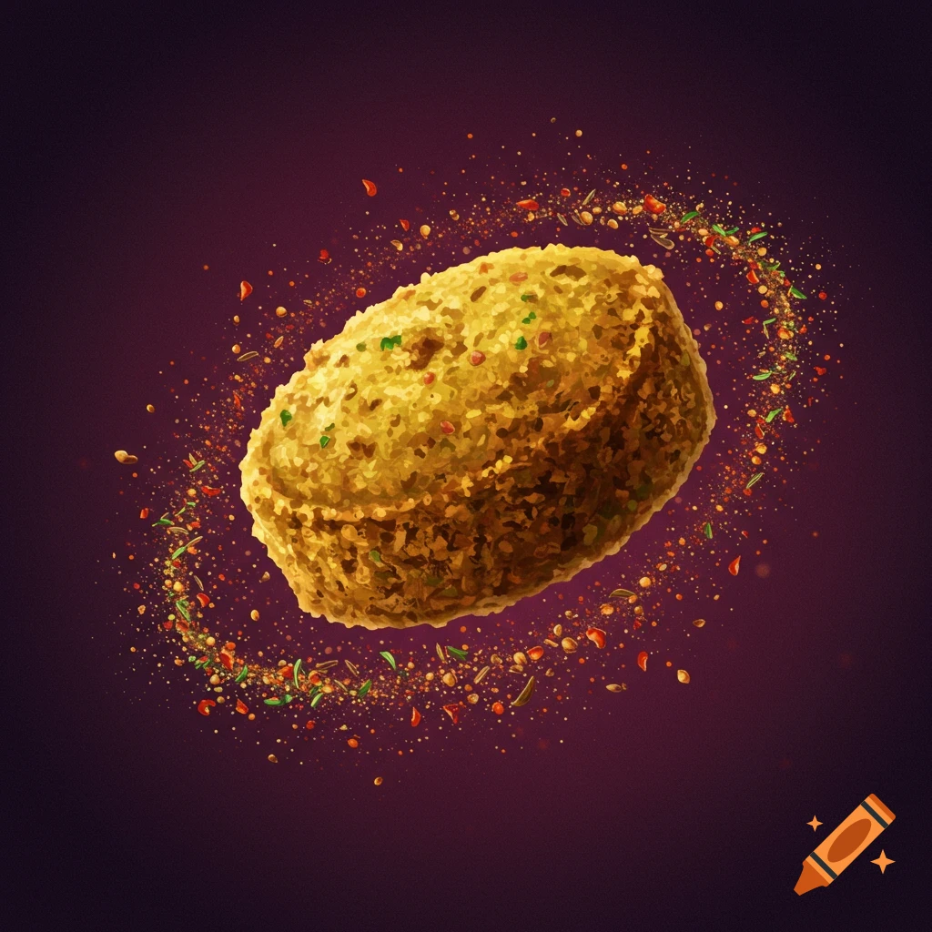 A falafel flying surrounded by spices