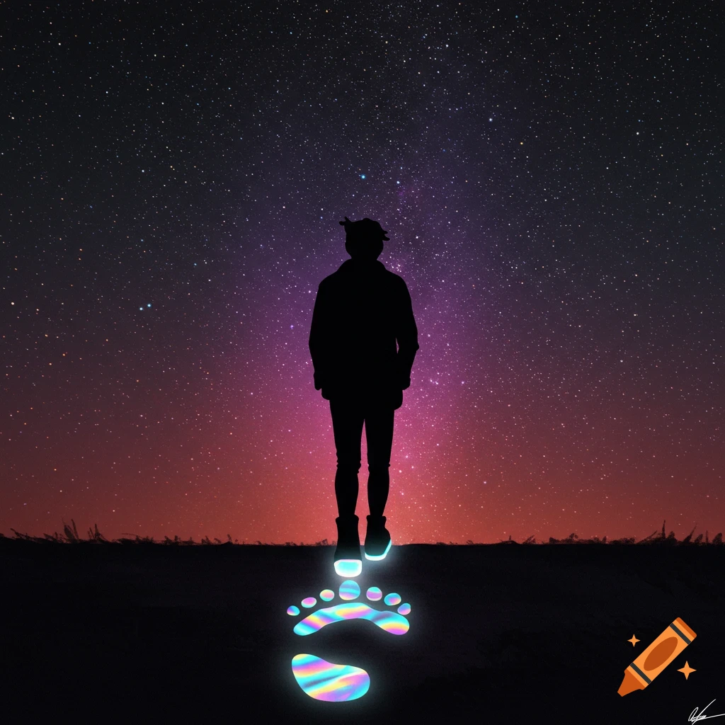 A person's silhouette stands under a starry sky with a glowing iridescent footprint.