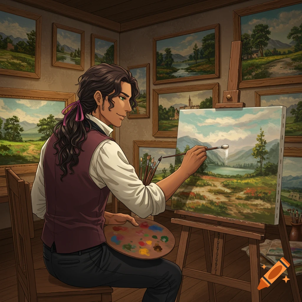 Anime-style man painting a landscape in an art studio.