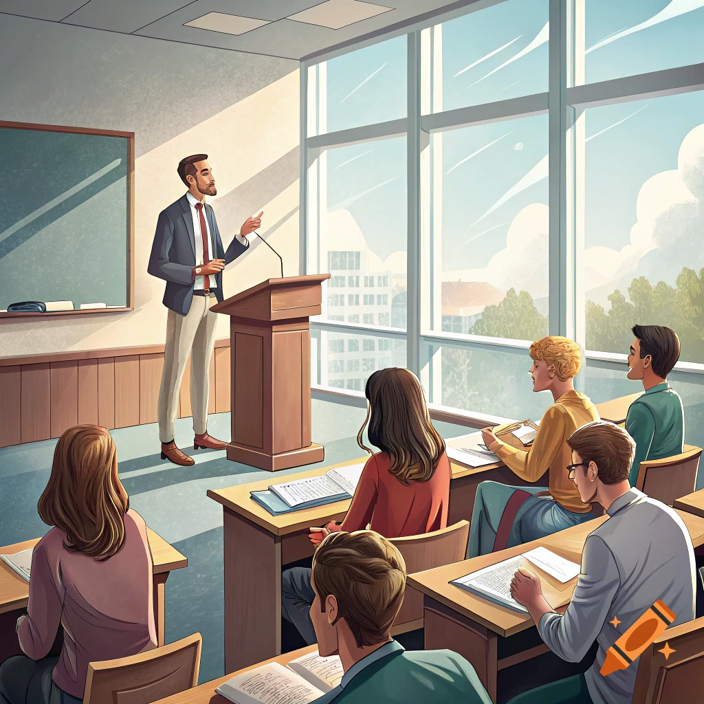 An illustration of a man speaking at a podium in a classroom filled with students.
