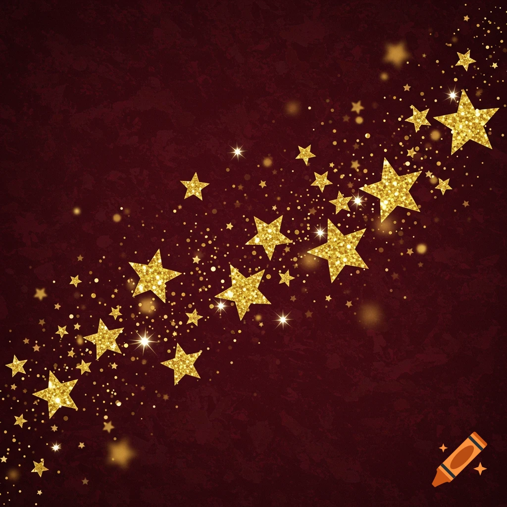 A reddish-brown background with a swirling path of golden glittery stars and dots.