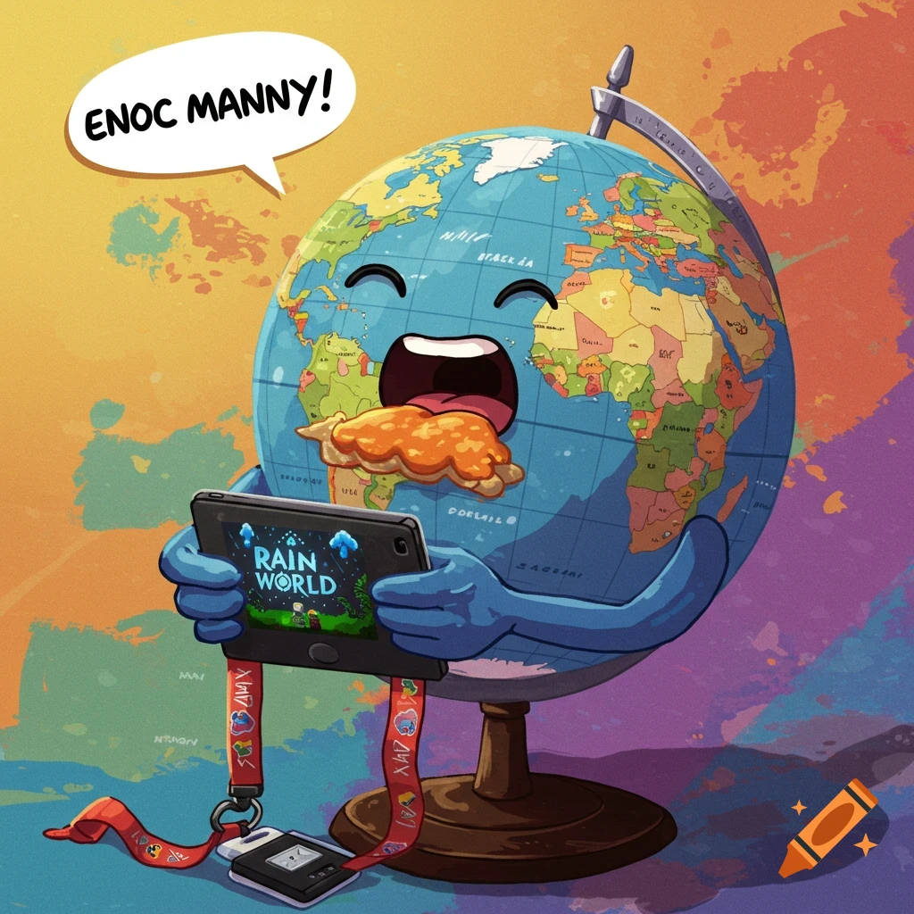 Cartoon globe with arms playing a game on a tablet, speaking and eating a lanyard.