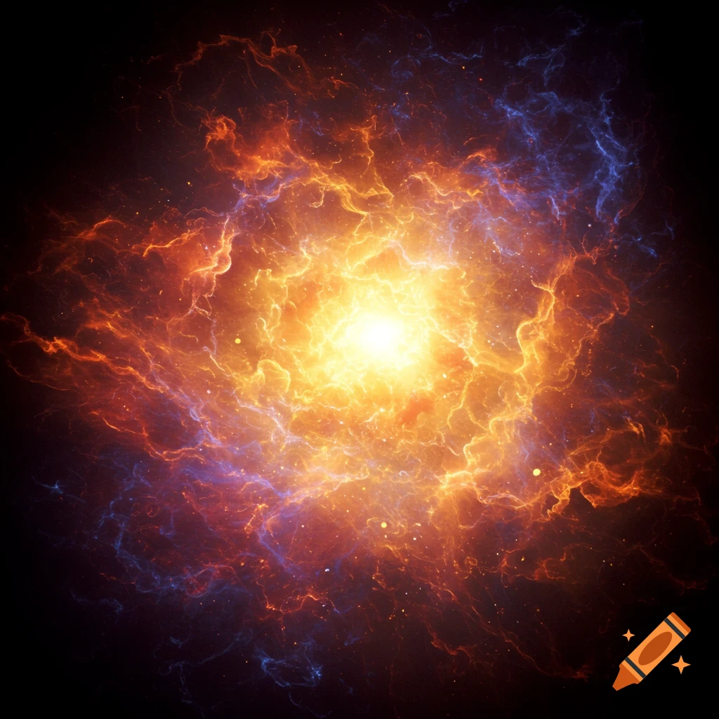 Abstract depiction of a cosmic explosion or nebula with swirling orange and blue energy.