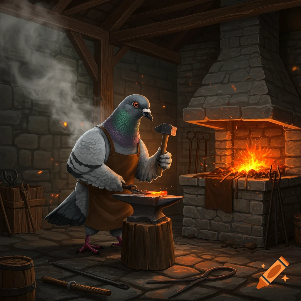 A skilled anthropomorphic pigeon blacksmith is shown vigorously hammering metal in a medieval forge, sparks flying around the anvil.