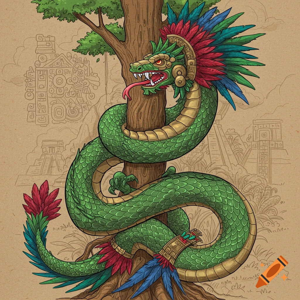 Stylized drawing of the feathered serpent god Quetzalcoatl wrapped around a tree with Mayan ruins background.
