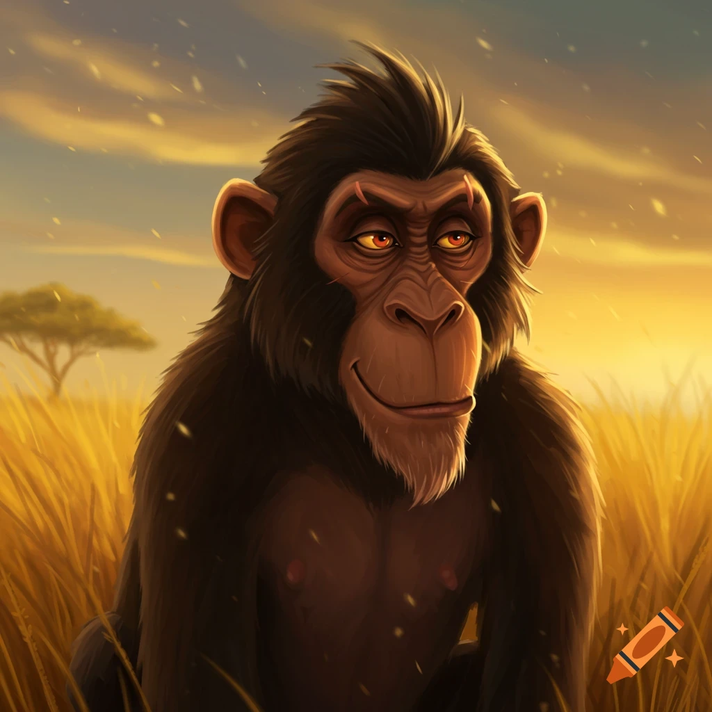 Cartoon chimpanzee resembling Scar from The Lion King sitting in tall grass at sunset