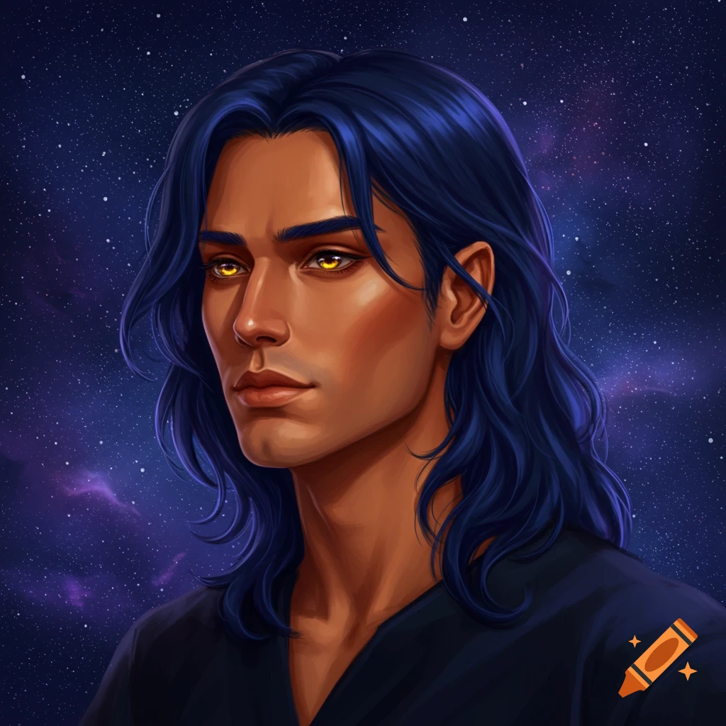 A man with dark blue hair and golden eyes against a starry background.