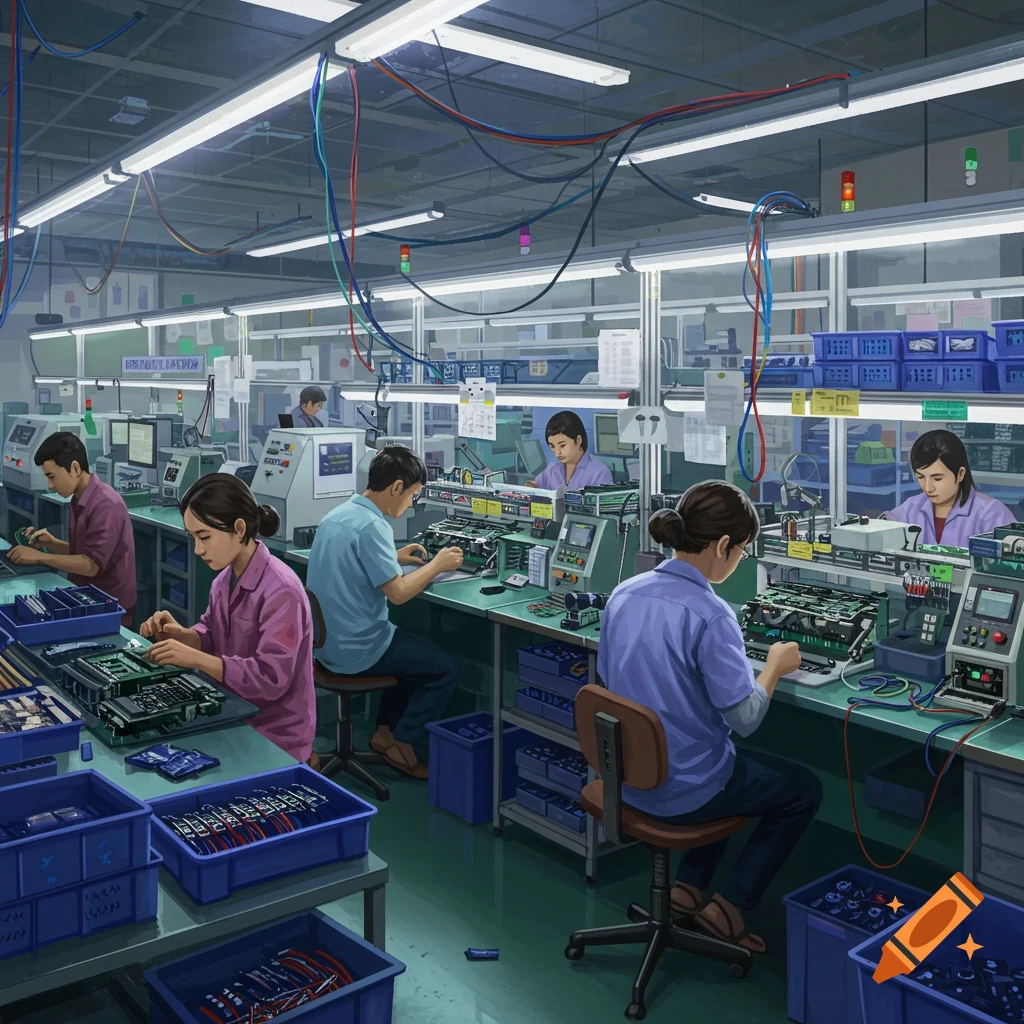 People working on an electronics assembly line in a factory.