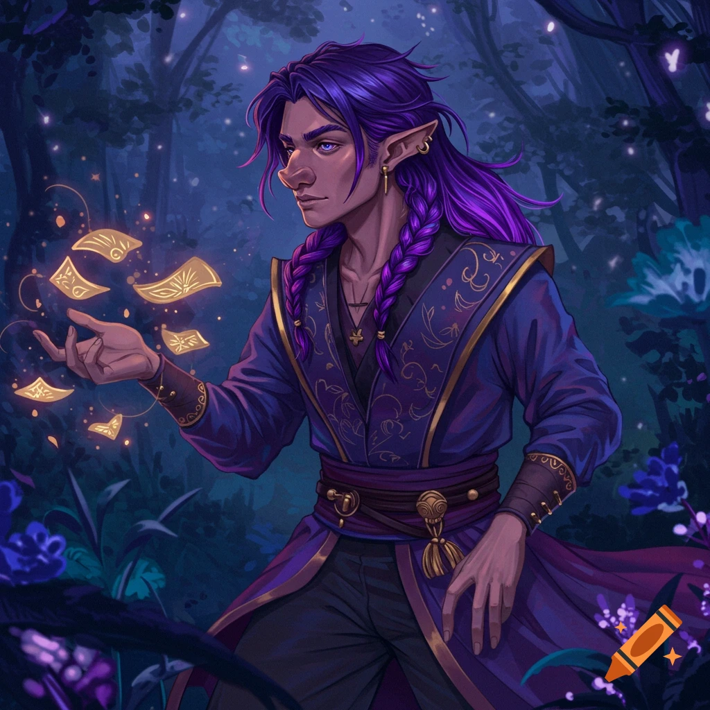 A fantasy character with purple hair and pointed ears holds glowing symbols in a forest.