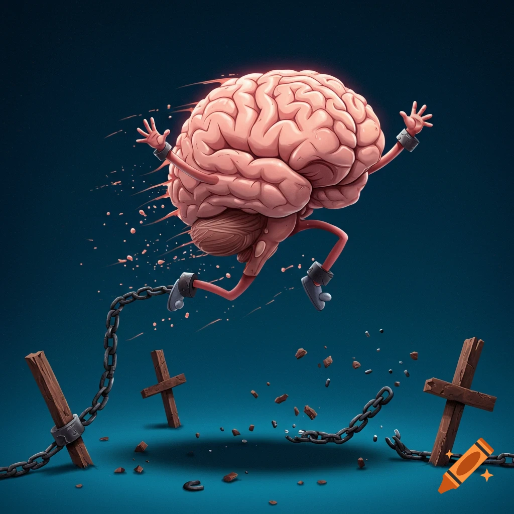 Cartoon illustration of a brain with limbs jumping, breaking chains anchored to crosses.