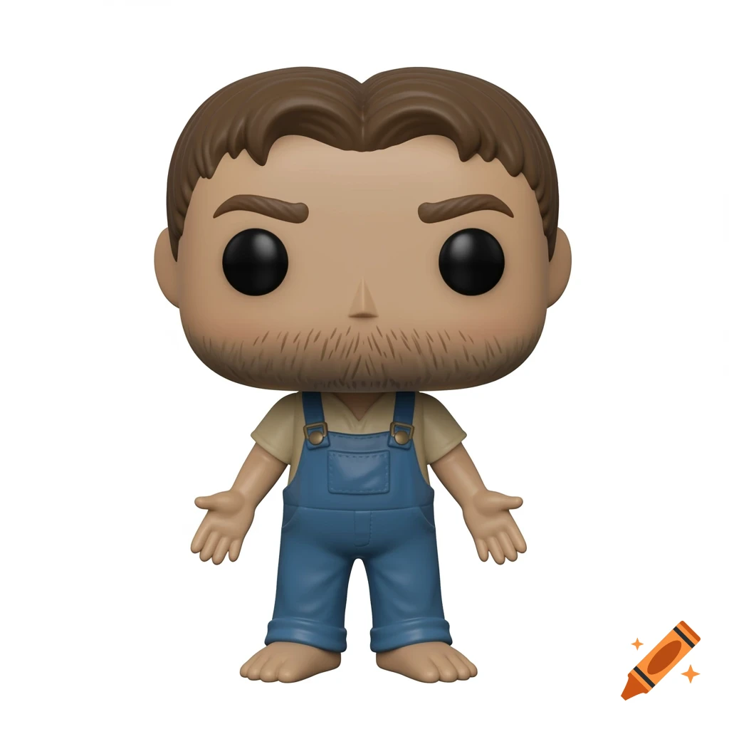 A Funko Pop figure of a man in blue overalls and a beige shirt, standing with hands slightly open on a white background.