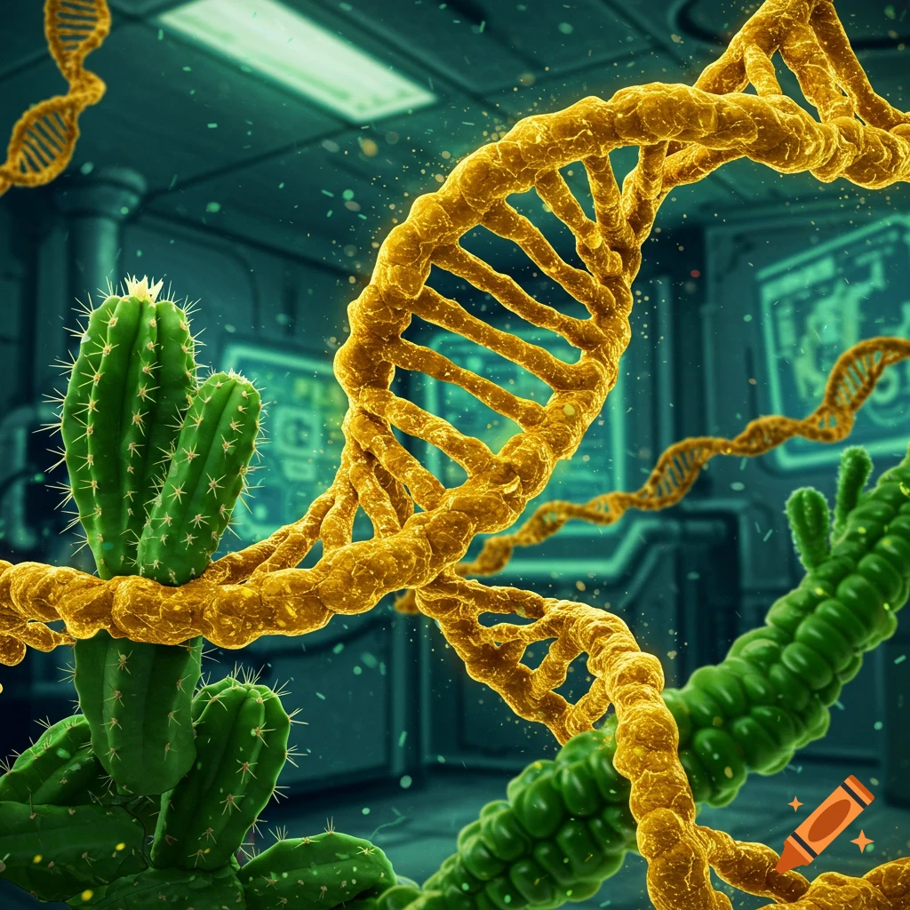 Close-up of a golden DNA helix intertwined with a green cactus and a green plant in a lab setting.