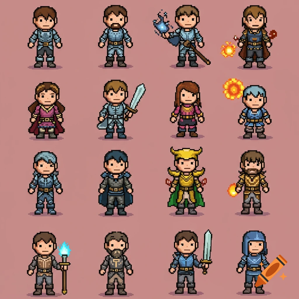Grid of pixel art fantasy characters.