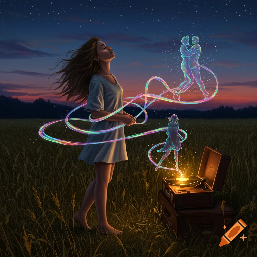 A young woman stands in a field at twilight, listening to a glowing record player that emits colorful ribbons forming dancing figures.