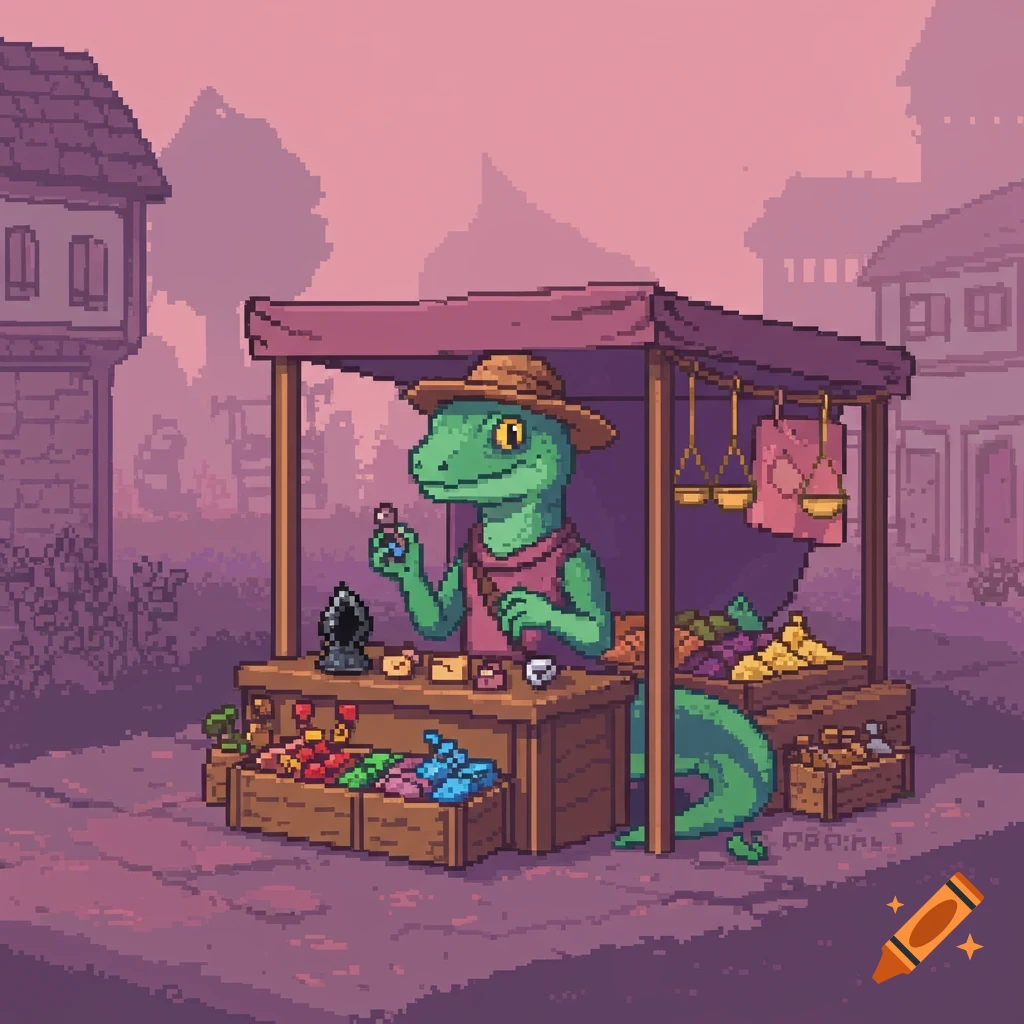 Pixel art of a green lizard merchant at a market stall in a town square.