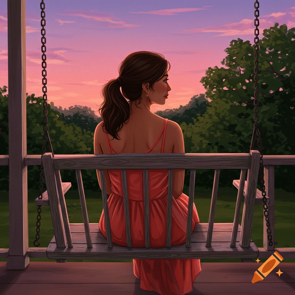 A woman sitting on a porch swing watching the sunset.