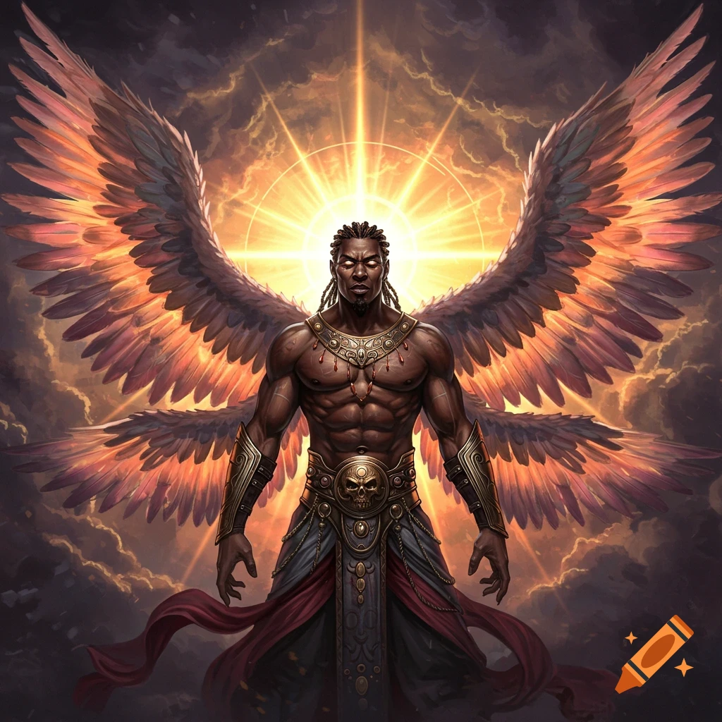 A powerful winged man with glowing eyes and ornate armor stands before a bright light.