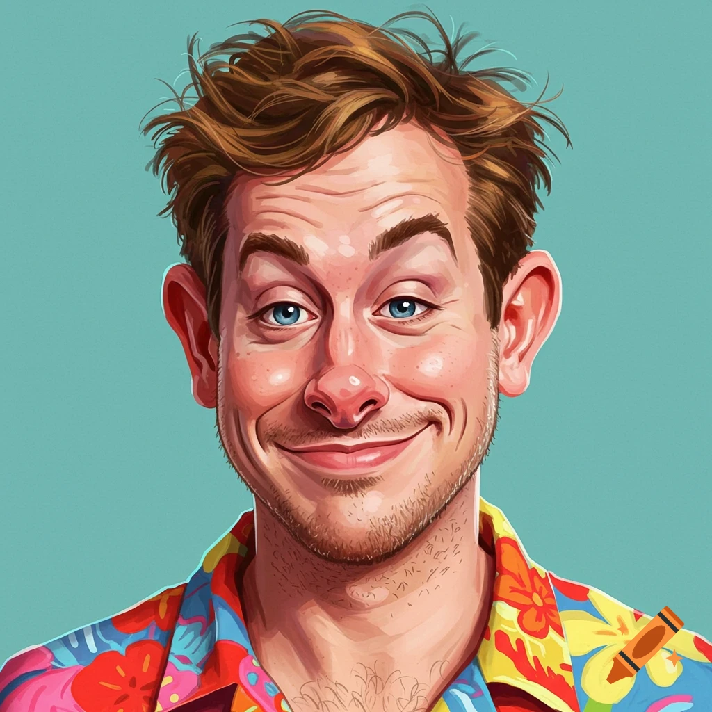 A man with blue eyes and messy hair wearing a colorful floral shirt.