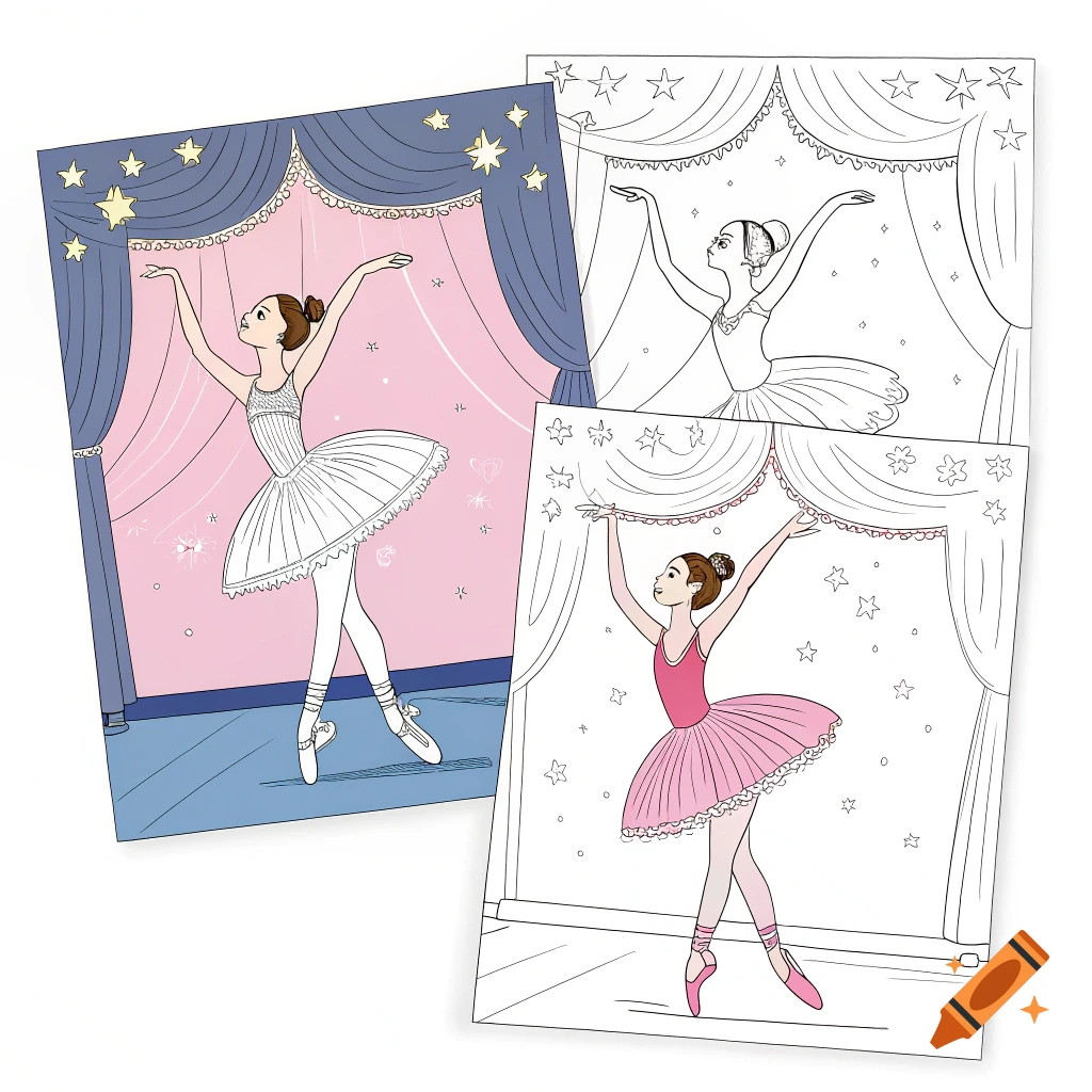 Illustrations of ballerinas on pages, one colored, two line art, in ballet poses.
