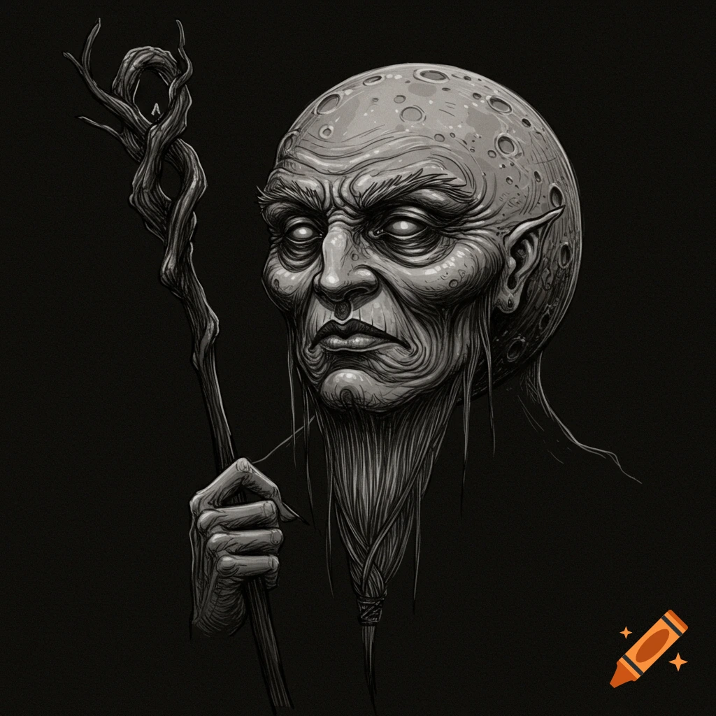 Dark sketch of an old fantasy character with a moon head and staff.