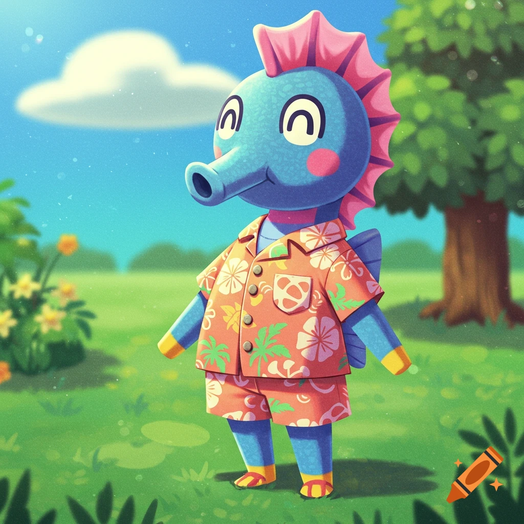 Animal Crossing style seahorse character in Hawaiian shirt and shorts standing in a field.