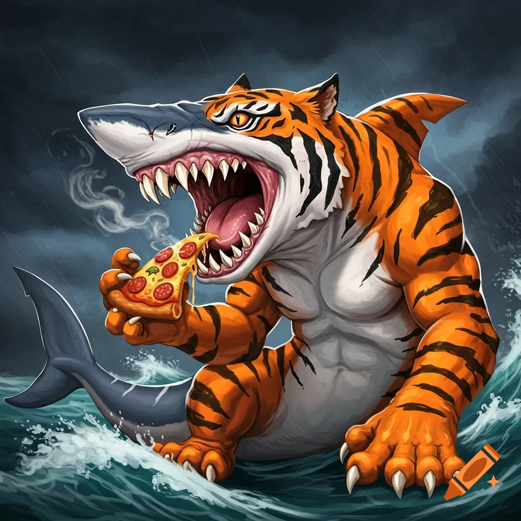 A hybrid shark-tiger monster stands in stormy seas eating a slice of pizza.