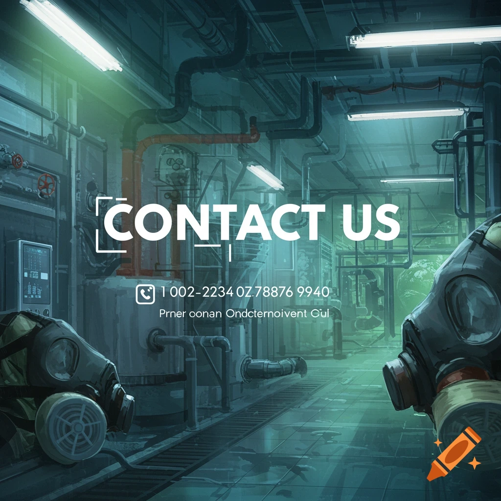 An industrial setting with pipes and gas masks, showing 'CONTACT US' text.