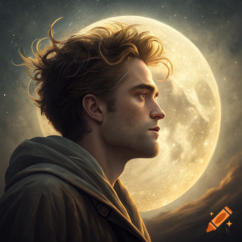 Profile portrait of a man resembling Robert Pattinson looking at a large, glowing moon in a starry sky. Realistic style.