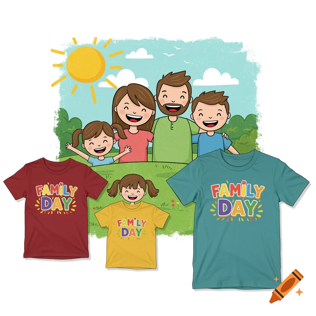 Cartoon family illustration with t-shirts featuring 'Family Day' text in a park setting.
