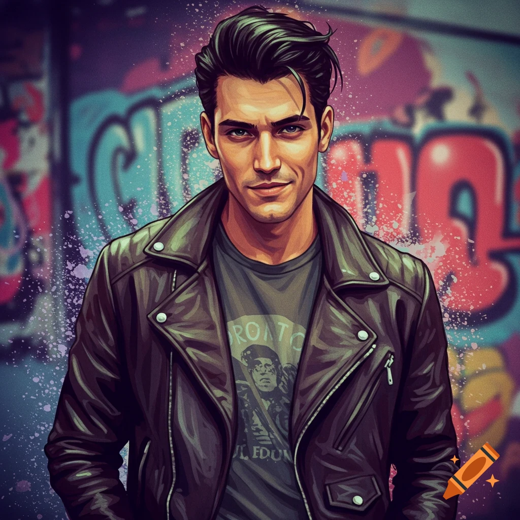 A man in a leather jacket stands in front of graffiti.