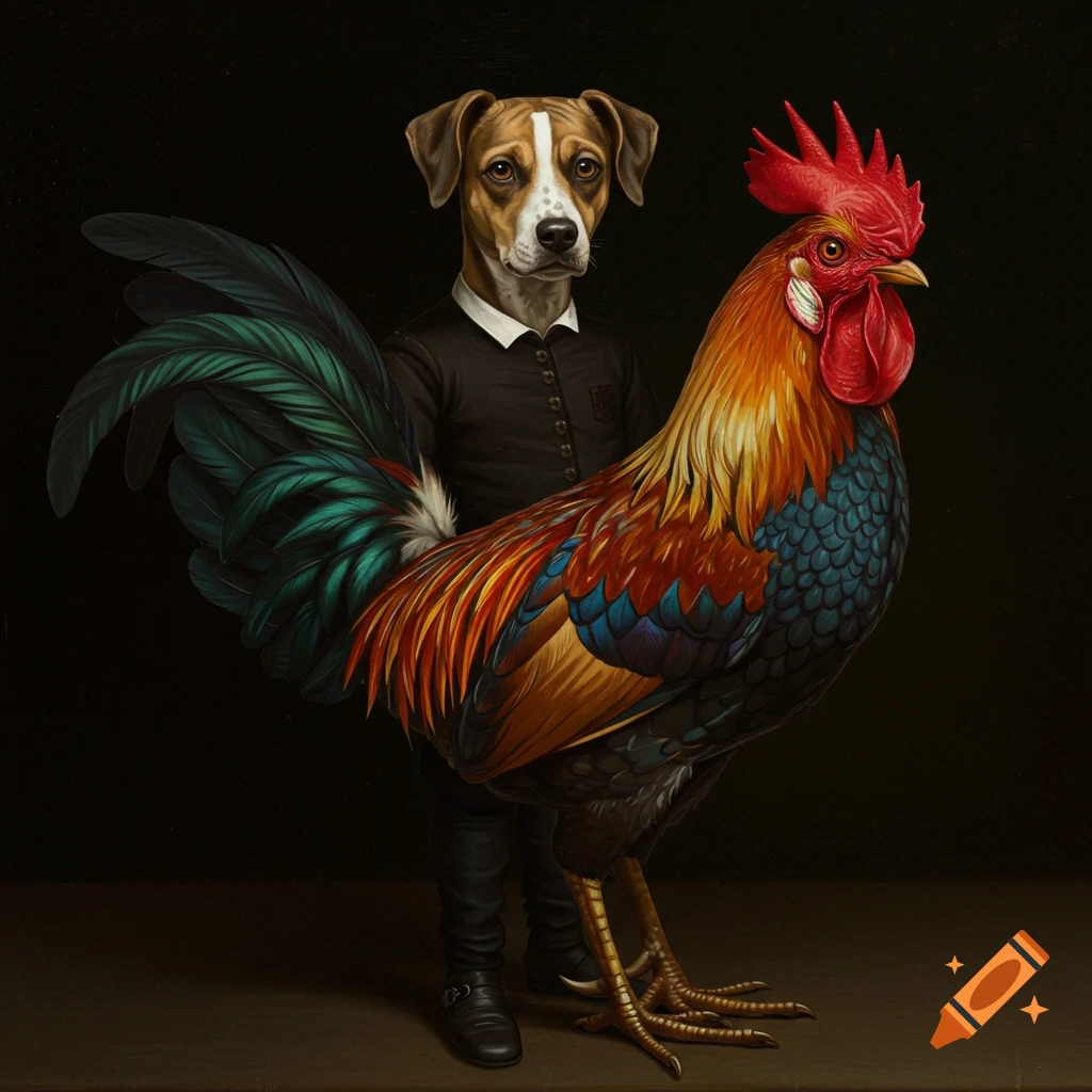 A dog in a shirt stands behind a large rooster.