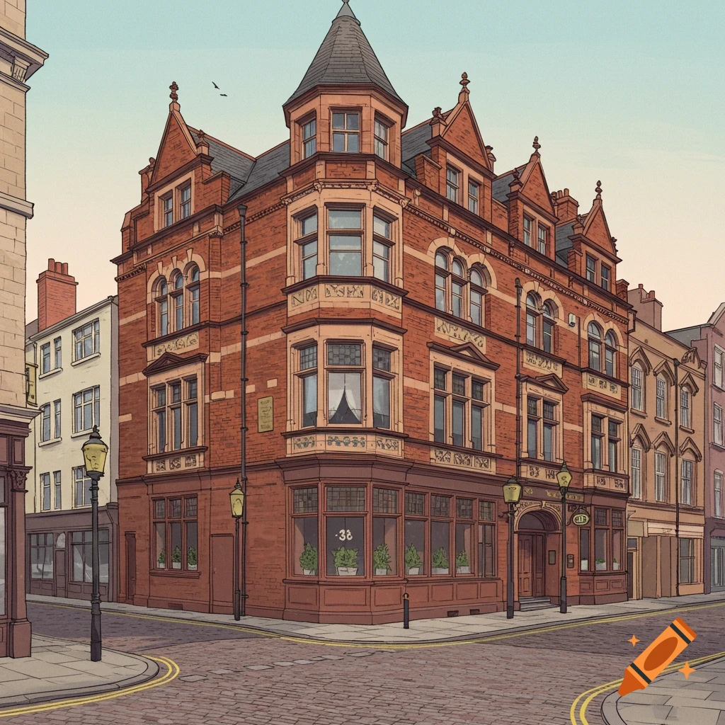 Illustrated street corner with a red brick building.
