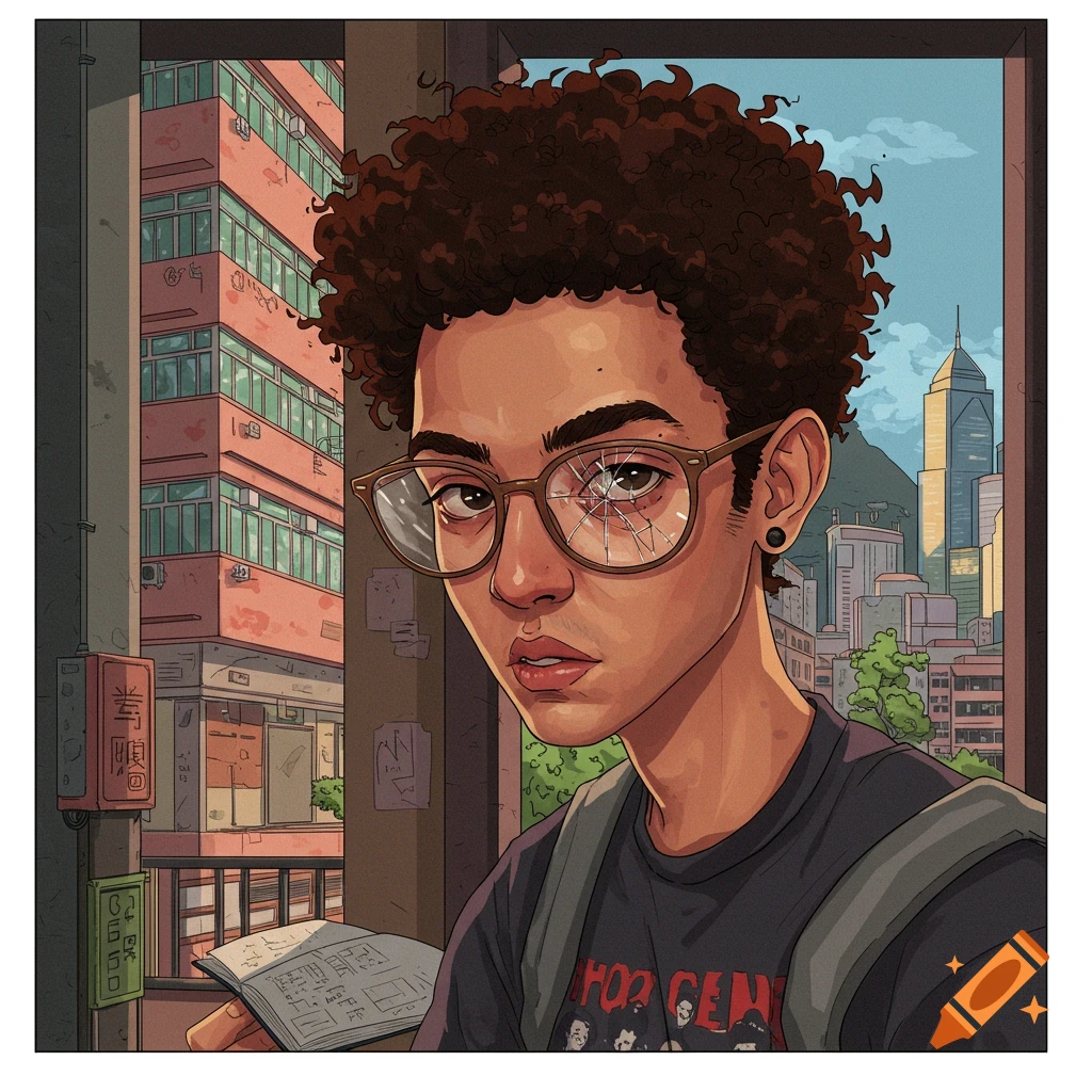 Illustration of a person with curly hair and cracked glasses holding a book in front of a city background.