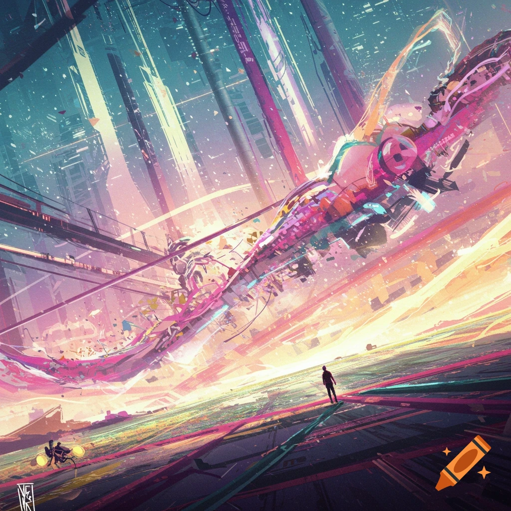 A figure is depicted in a vibrant futuristic city with a large colorful abstract structure overhead.