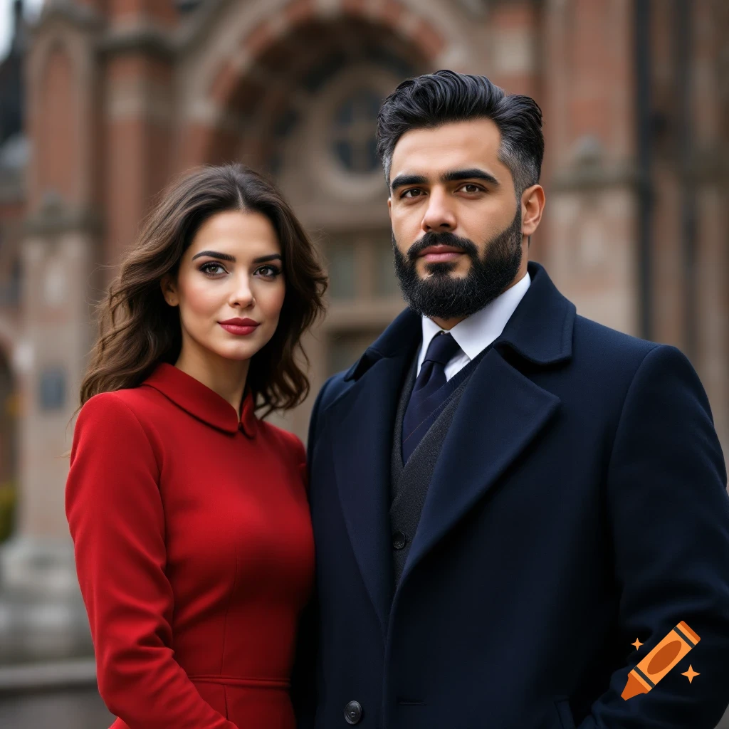 A formally dressed man and woman stand outside a building. The woman wears a red dress, the man a dark coat.