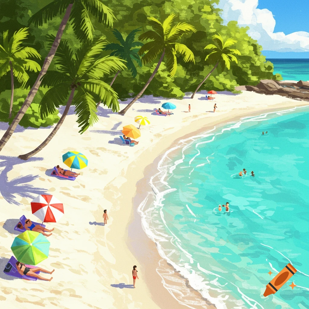A vibrant image of a tropical beach with palm trees, people sunbathing under umbrellas, and swimmers in clear blue water.