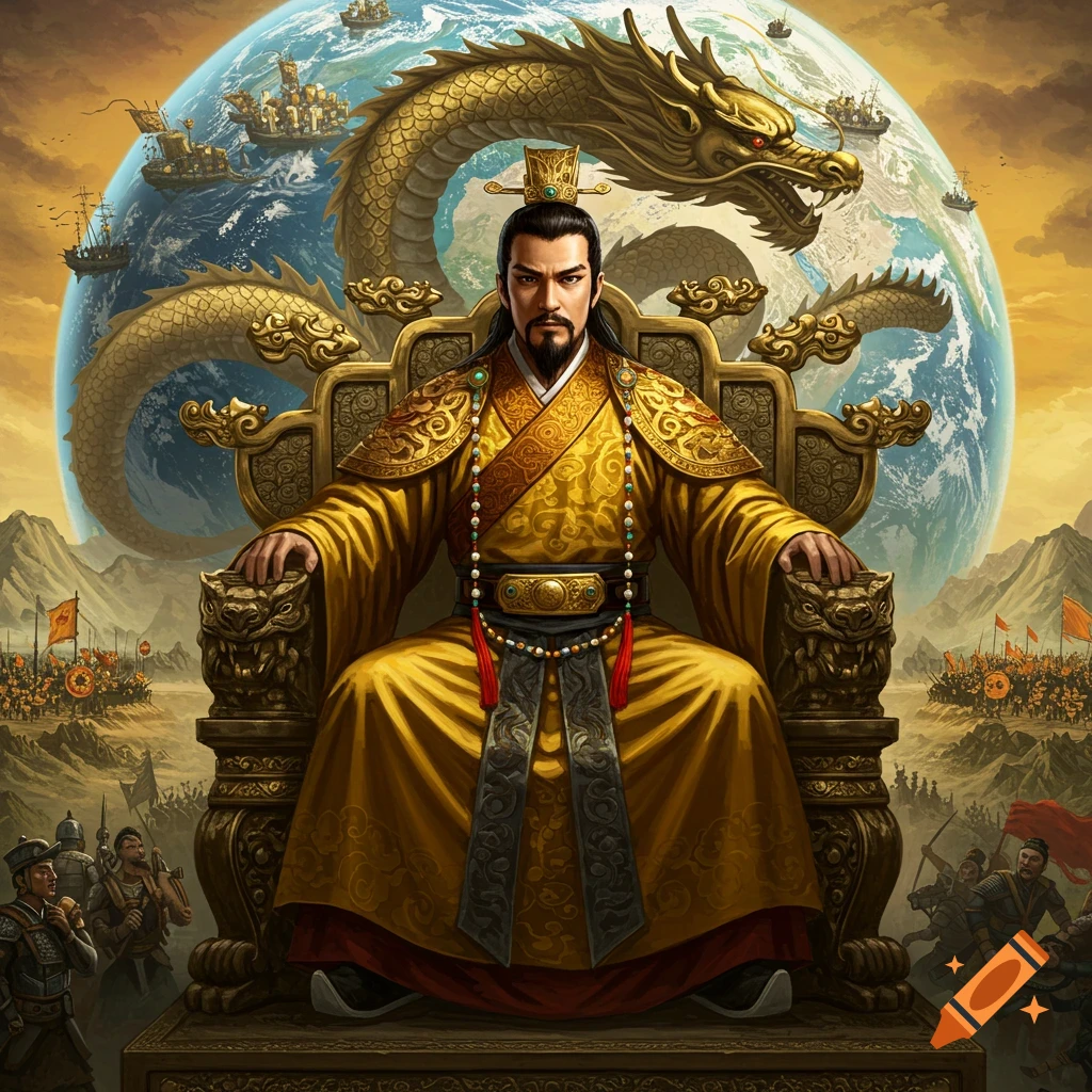 Chinese emperor sitting on a throne with a golden dragon, overlooking ships, troops, and the Earth.
